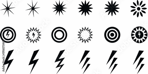 Collection of black graphic elements stars circles lightning bolts