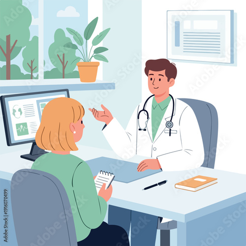 A doctor consults with a patient in a medical office, discussing health and well-being during a check-up