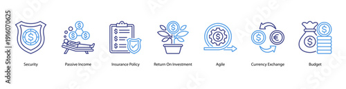 Investment and Security web banner vector illustration featuring Security, Passive Income, Insurance Policy, Return On Investment, Agile, Currency Exchange, and Budget.
