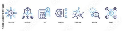 Corporate Progress web banner vector illustration featuring Fundraise, Structure, Cost, Progress, Connection, Research, and Group.