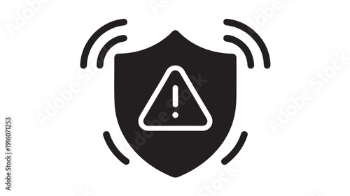 Warning shield icon in simple flat design with exclamation mark in black and white color for security alert