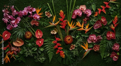 Vibrant Tropical Flower Arrangement on Green Background