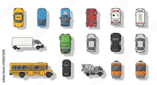 Collection of various vehicles seen from above isolated on white background.