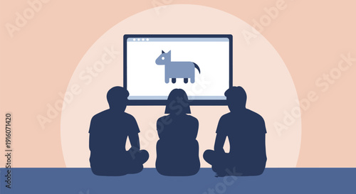 People watching a cartoon donkey on a screen