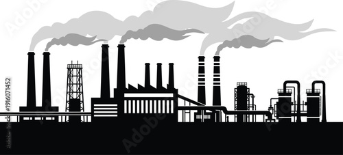 Industrial complex factory silhouette, smokestacks emitting pollution, large-scale manufacturing plant illustration, refinery towers, pipelines, environmental impact, air , climate change concern