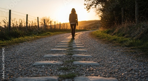 Woman Walking Away at Sunset on a Gravel Path