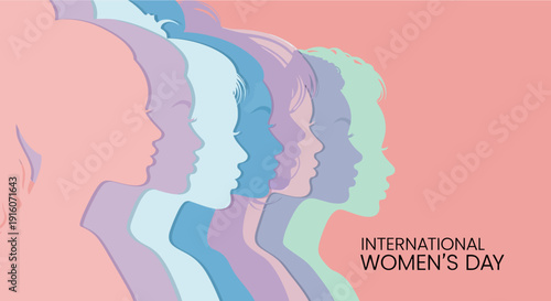 Layered pastel silhouettes of women's profiles celebrating International Women's Day on a pink background.