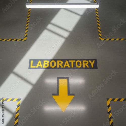 Industrial Laboratory Floor Signage With Directional Arrow Guiding Navigation, Modern Design