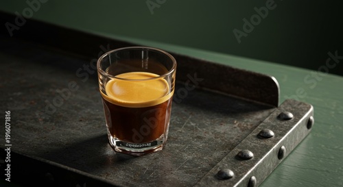 Espresso in a Glass on a Dark Metal Tray
