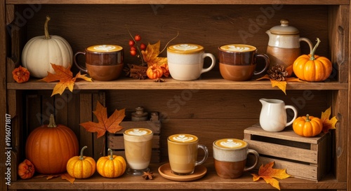 Autumn Latte Collection on Rustic Wooden Shelf