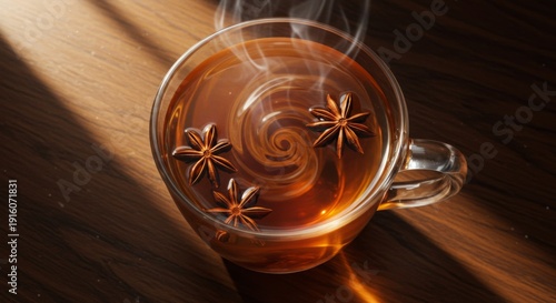 Warm Spiced Tea in Glass Mug on Wooden Table