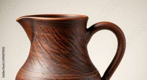 Brown Textured Clay Pitcher on Light Background