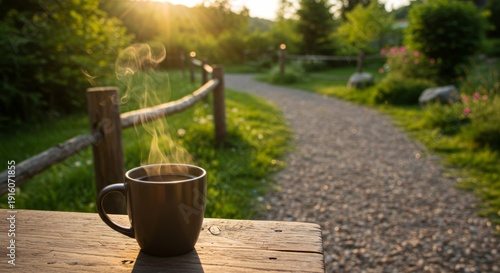 Warm Coffee Mug on Wooden Bench near a Path at Sunrise
