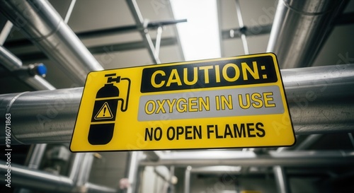 Industrial Warning Sign Highlighting Oxygen Usage and Fire Prevention Regulations