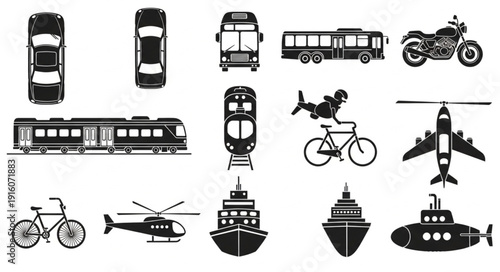 Collection of various transportation vehicles and modes of transport.