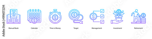 Time and Investment web banner vector illustration featuring Manual Book, Calendar, Time is Money, Target, Management, Investment, and Retirement.