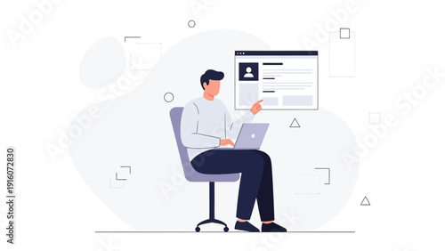 Man working on laptop with profile page on screen, online job search, freelance work