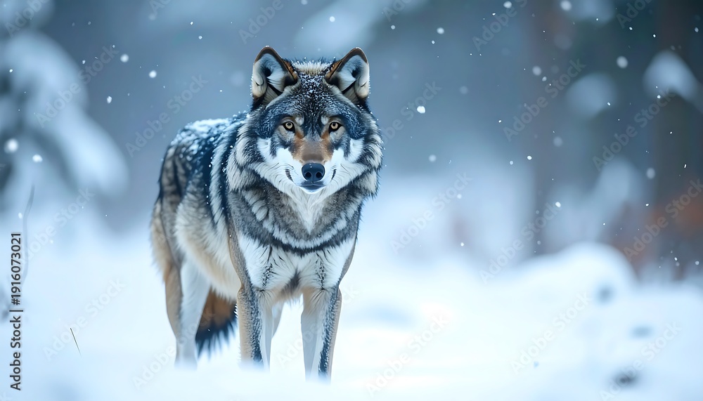 Obraz premium A powerful and majestic wild wolf stands alert and focused in a serene, snow-covered forest during a gentle snowfall, its intense gaze fixed forward, embodying the enduring spirit of winter wilderness