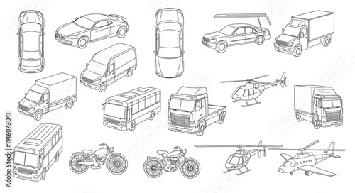 Collection of Hand Drawn Vehicle Illustrations in Sketch Style.