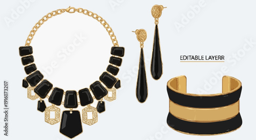 Black and gold jewelry set with necklace earrings and bangle.