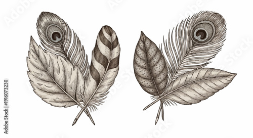 Hand drawn peacock feathers illustration set.