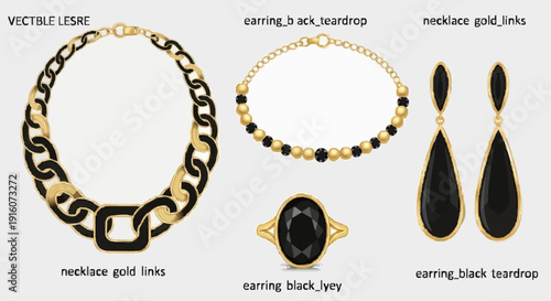 Collection of black and gold jewelry pieces on white background.