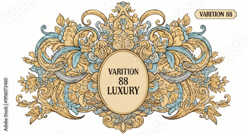 Luxury gold and blue ornate decorative design with elegant flourish.