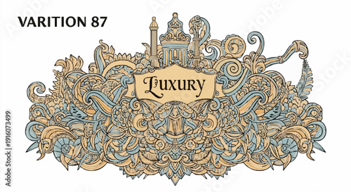 Luxury ornate vintage illustration with castle and decorative elements.