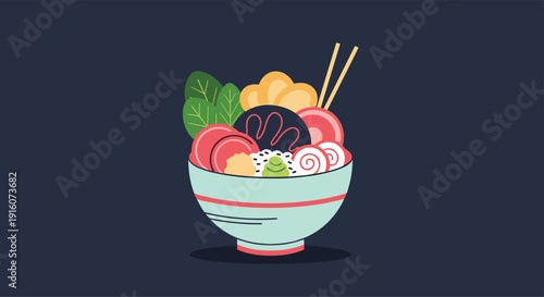 Colorful ramen bowl illustration filled with noodles, meat, eggs, and vegetables against a dark blue background with chopsticks.