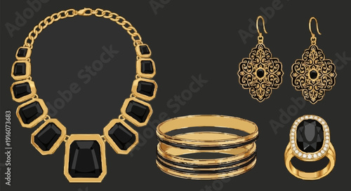 Luxurious gold jewelry collection with black gemstones on dark background.