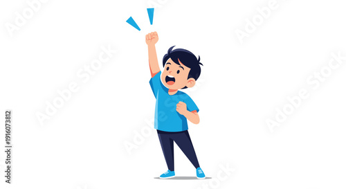 Excited young boy in a blue t-shirt cheering with his fist raised in the air and a happy expression on his face.