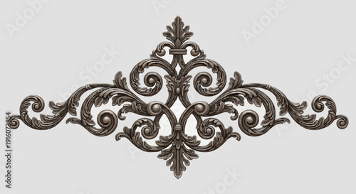 Ornate vintage decorative element with intricate swirling patterns and floral motifs.