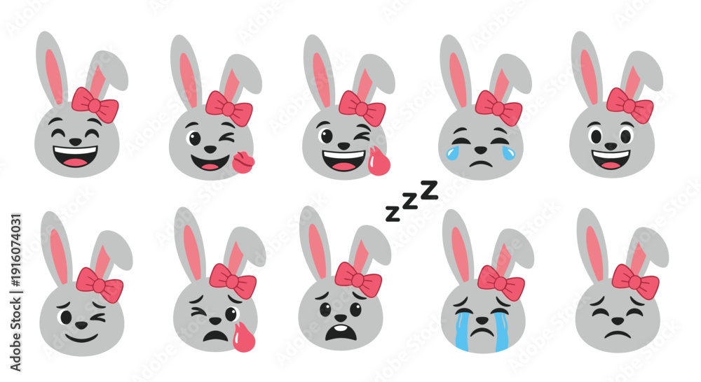 Fototapeta premium Cute female rabbit character emoji set featuring different expressions like happy, winking, crying, and sleeping on white background.