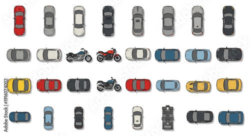 Collection of various vehicles seen from above.