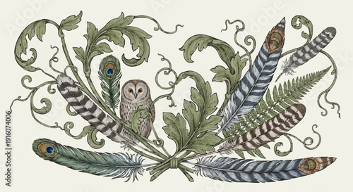 Vintage illustration of owl surrounded by foliage and feathers.