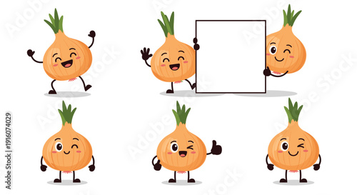 Collection of funny onion vegetable characters showing various activities such as holding a sign, waving, and winking with a smile.