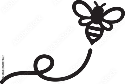 A whimsical drawing of a bee with a curly antenna and a simple body
