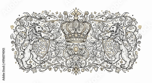 Ornate heraldic crest with crown and shields illustration.
