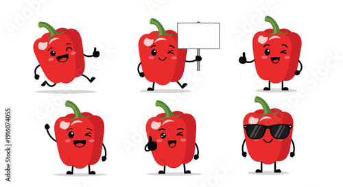 Red bell pepper mascot characters displayed in different poses including running, wearing sunglasses, and holding a blank sign for messages.
