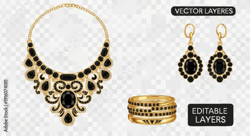 Luxury black and gold jewelry set with necklace earrings and ring.
