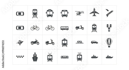 Collection of transportation icons representing various modes of travel.