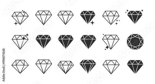 Shiny Diamond Icon Set – Outline & Solid Gem Symbols