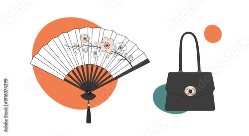 Sophisticated still life composition featuring a folded paper fan with floral pattern and a classic black handbag with gold clasp.