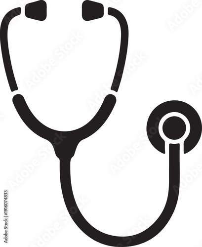 Black and white illustration of a classic stethoscope with a diaphragm and earpieces.
