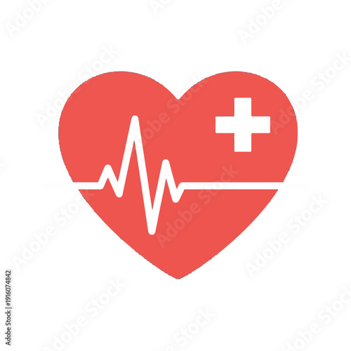 A striking red heart icon featuring a white pulse line and a medical cross, representing essential healthcare, wellness, and medical support concepts