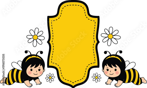Adorable cartoon bees with blank sign surrounded by flowers and bees