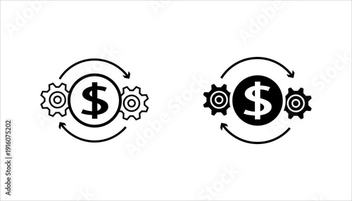 Outline dollar symbol with rotating arrows and gear icons representing financial process, currency exchange, automation, and business workflow. Minimal black vector isolated on white background.