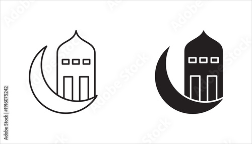 Outline mosque building with crescent moon icon. Islamic religious symbol representing Ramadan, prayer, Eid celebration, and Muslim culture. Minimal black line vector isolated on white background.