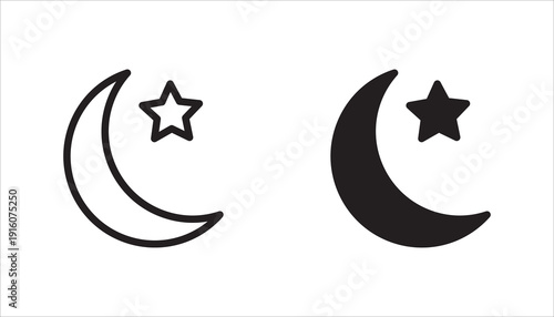 Simple crescent moon and star line icon in outline style. Islamic symbol commonly associated with Ramadan, Eid Mubarak, night sky, religion, and spiritual celebration. Minimal black vector isolated on