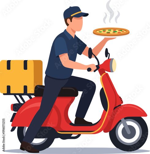 Illustrated Modern Delivery Man Holding Pizza Riding Scooter Illustration